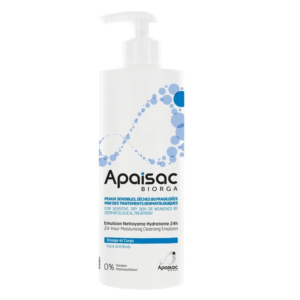 Flacon blanc avec pompe doseuse. Inscription: Apaisac Biorga, Emulsion, hydratation 24h. Pour peaux sensibles.
