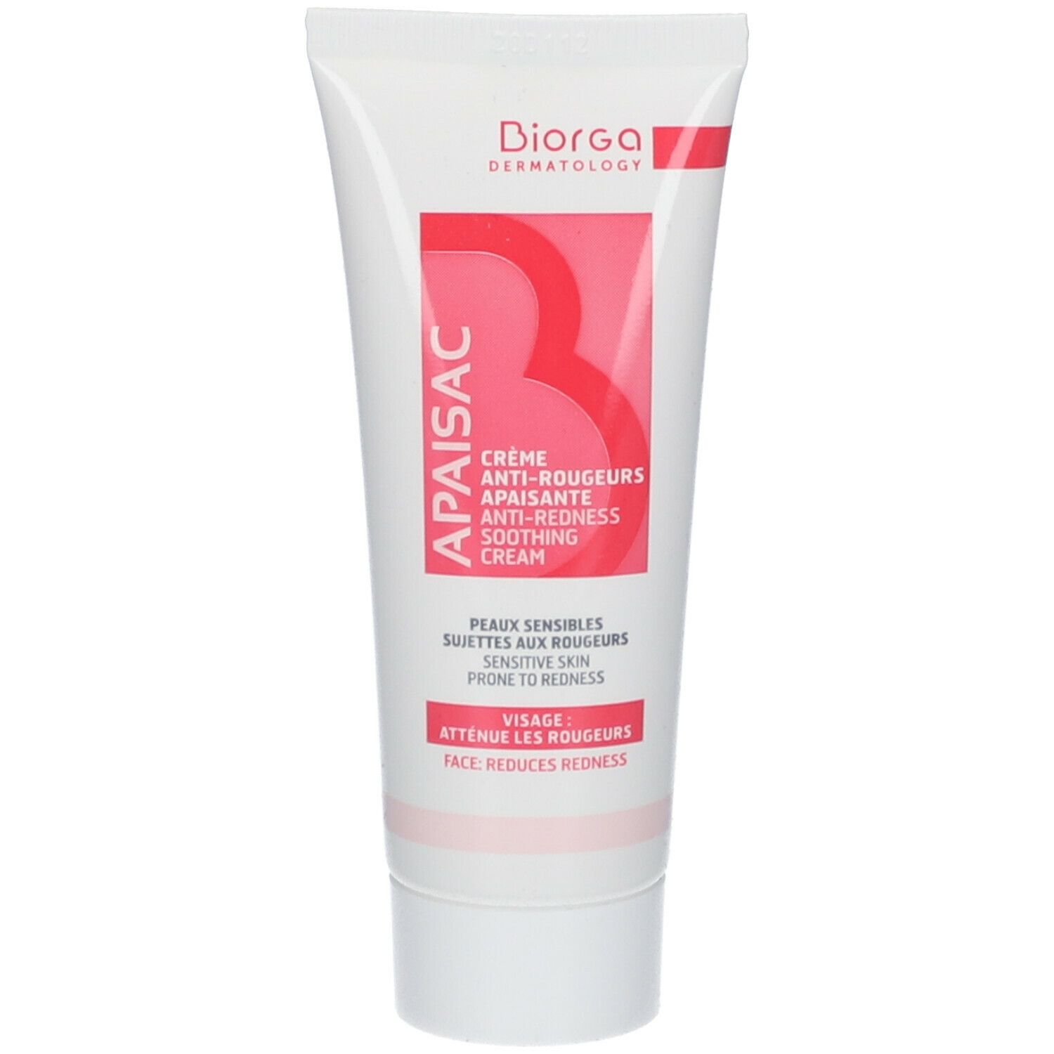 Tube blanc, texte rouge. Nom du produit: Apaisac Crème Anti-Rougeurs. Marque: Biorga. Texte: Anti-rougeurs, apaisante, peau sensible.