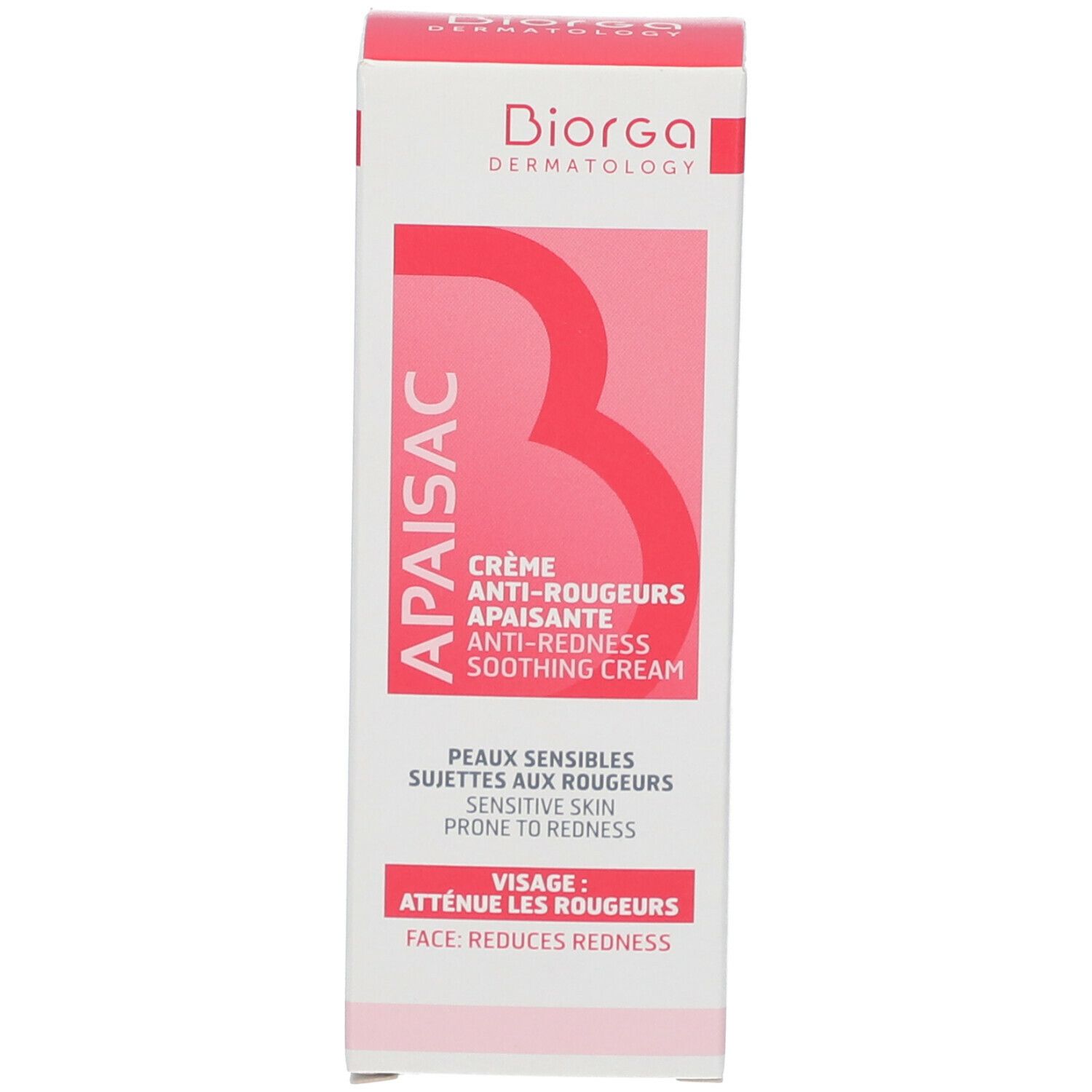 Boîte en carton, blanc avec texte rouge. Nom du produit: Apaisac Crème Anti-Rougeurs. Marque: Biorga. Texte: Anti-rougeurs, apaisante.