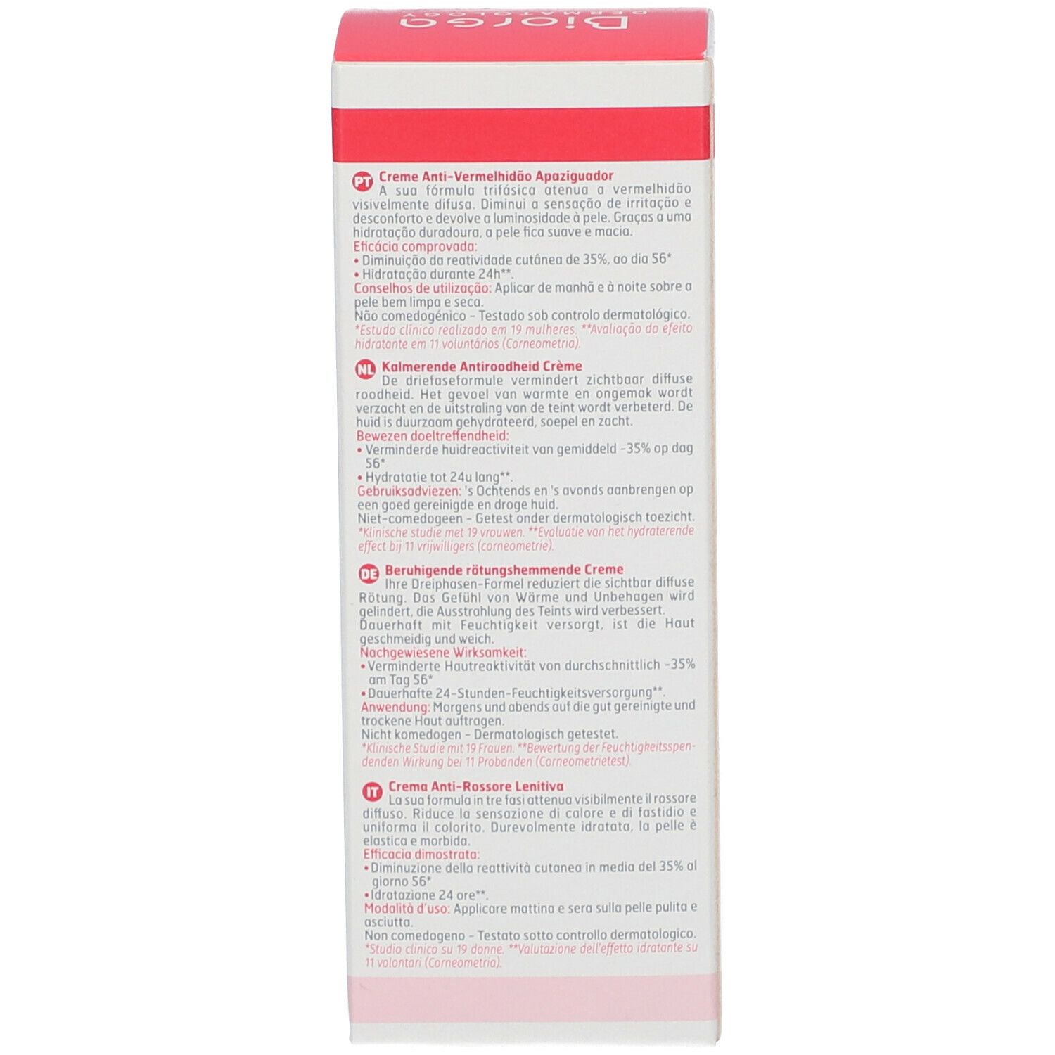 Vue latérale de la boîte en carton. Texte multilingue. Informations d'utilisation et avantages.