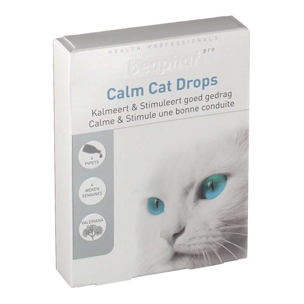Boîte de Calm Cat Drops. Inscription: Calm Cat Drops, 4 pipettes, 4 semaines, Valeriana. Image d'un chat aux yeux bleus.