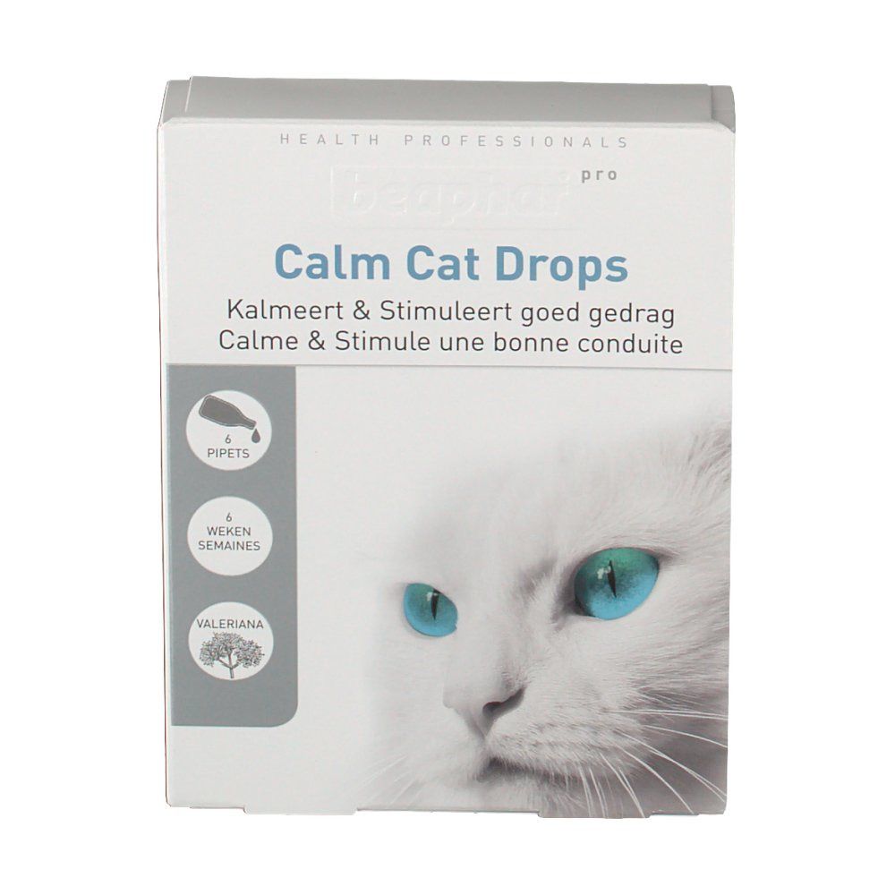 Boîte de Calm Cat Drops. Inscription: Calm Cat Drops, 4 pipettes, 4 semaines, Valeriana. Image d'un chat aux yeux bleus.