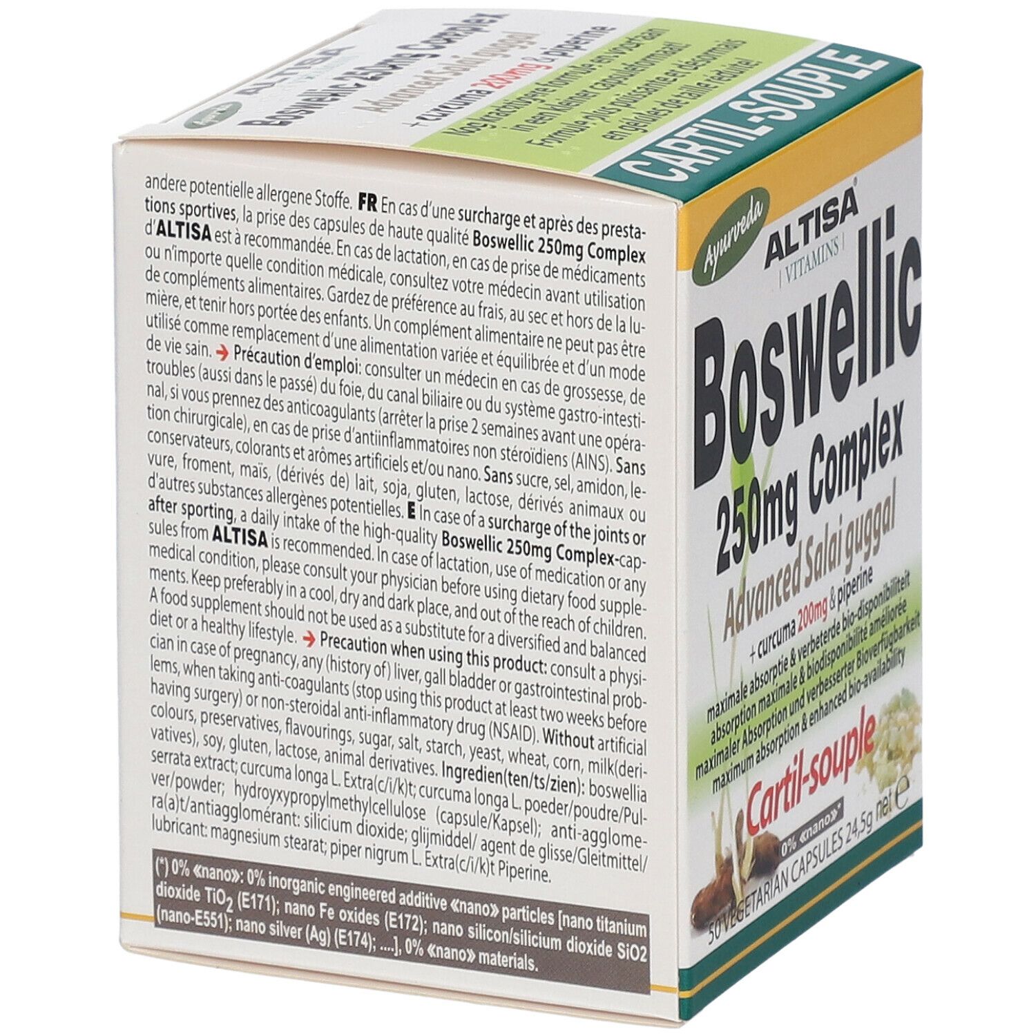 Dos de l'emballage Altisa Boswellic 250mg Complex. Texte multilingue. Logo végétalien.