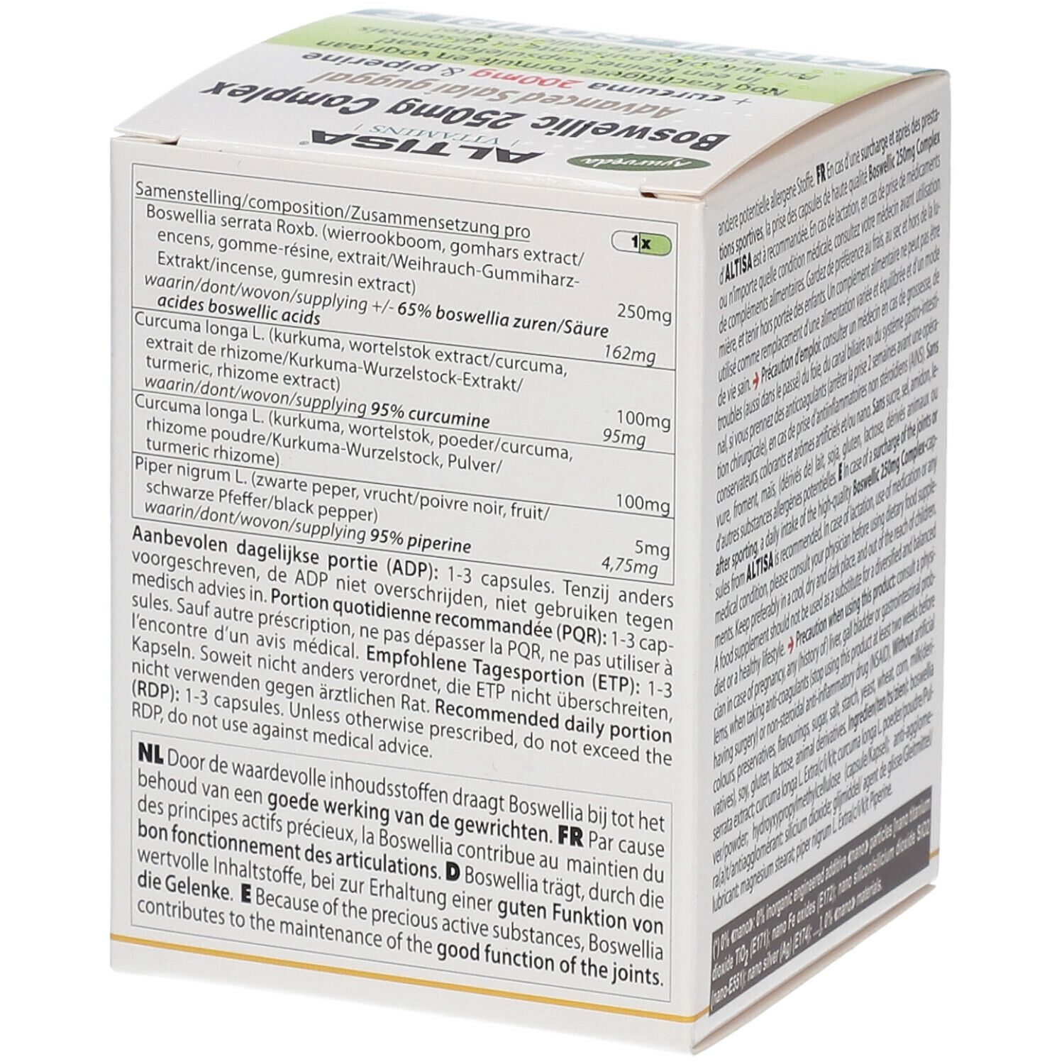 Dos de l'emballage Altisa Boswellic 250mg Complex. Liste des ingrédients et posologie.