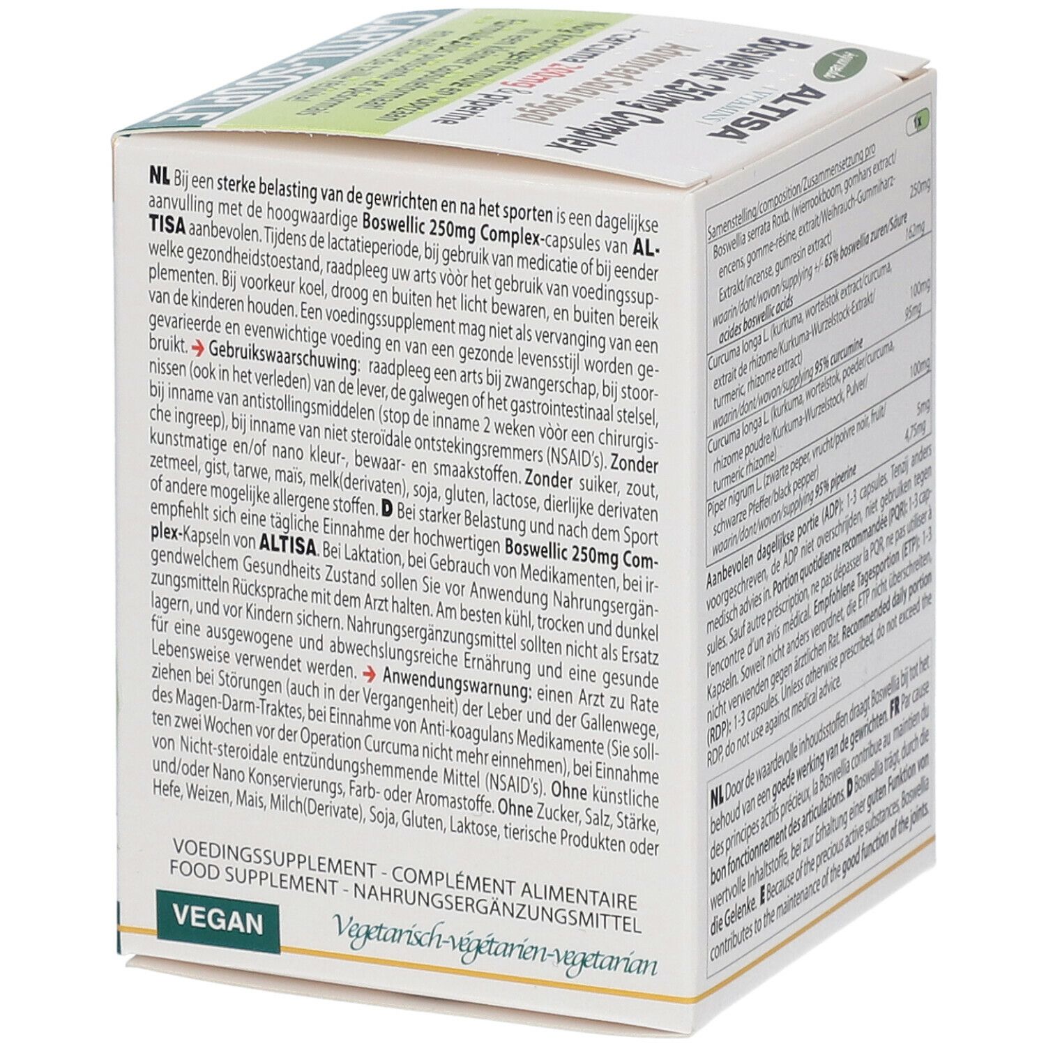 Dos de l'emballage Altisa Boswellic 250mg Complex. Texte sur l'utilisation et les avertissements.