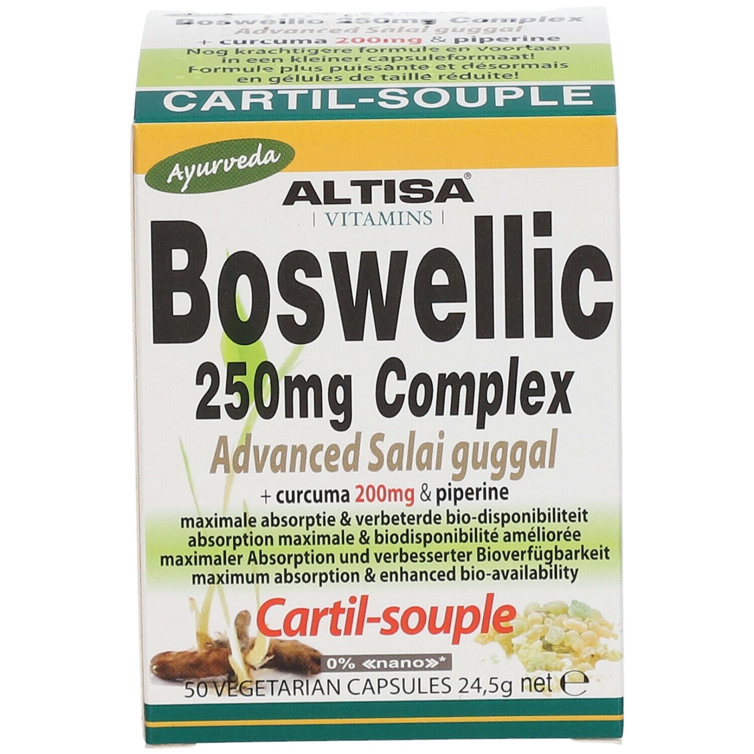 Boîte Altisa Boswellic 250mg Complex. Inscription: 50 gélules végétales, 24,5g net. Logo Ayurveda.