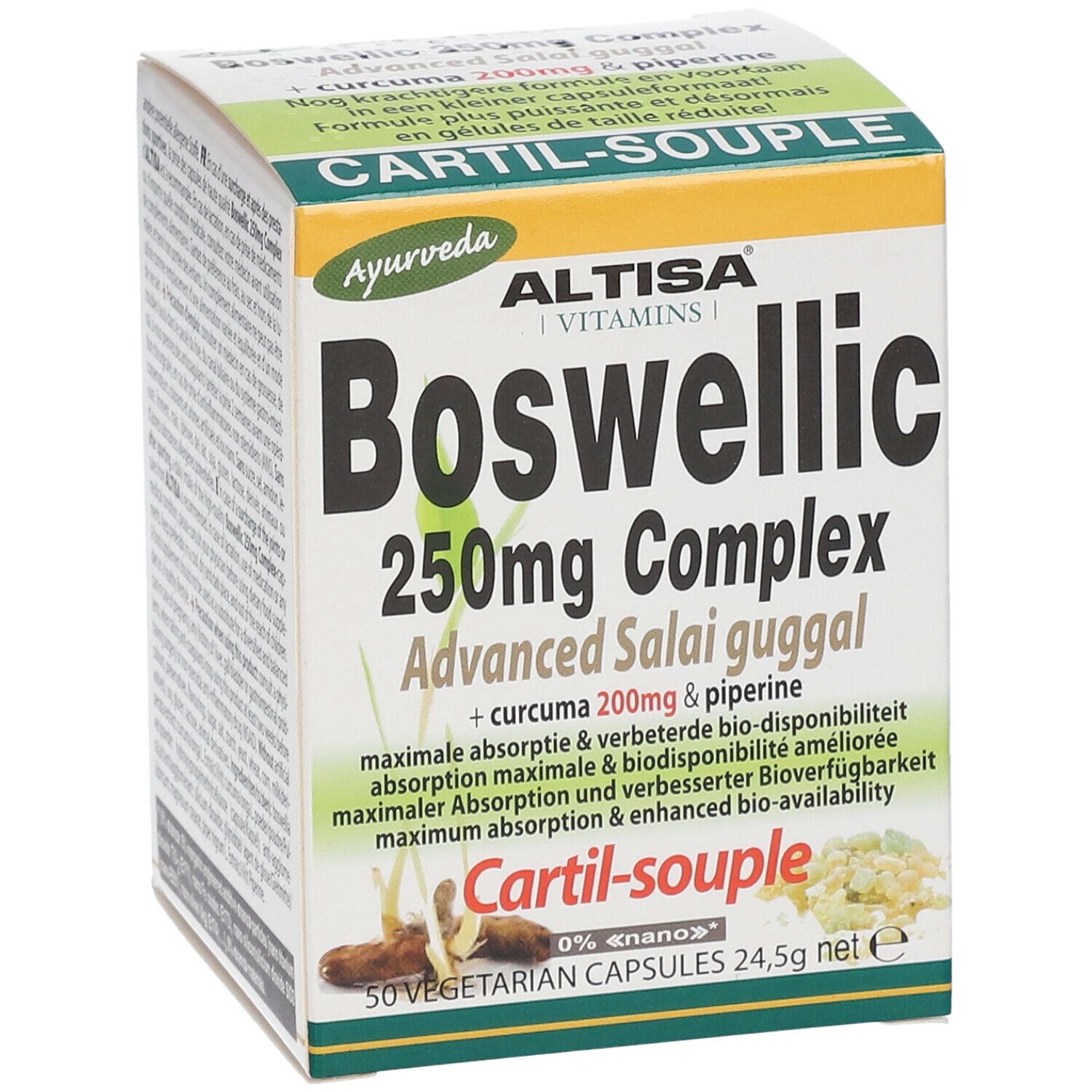 Boîte Altisa Boswellic 250mg Complex. Inscription: 50 gélules végétales, 24,5g net. Logo Ayurveda.