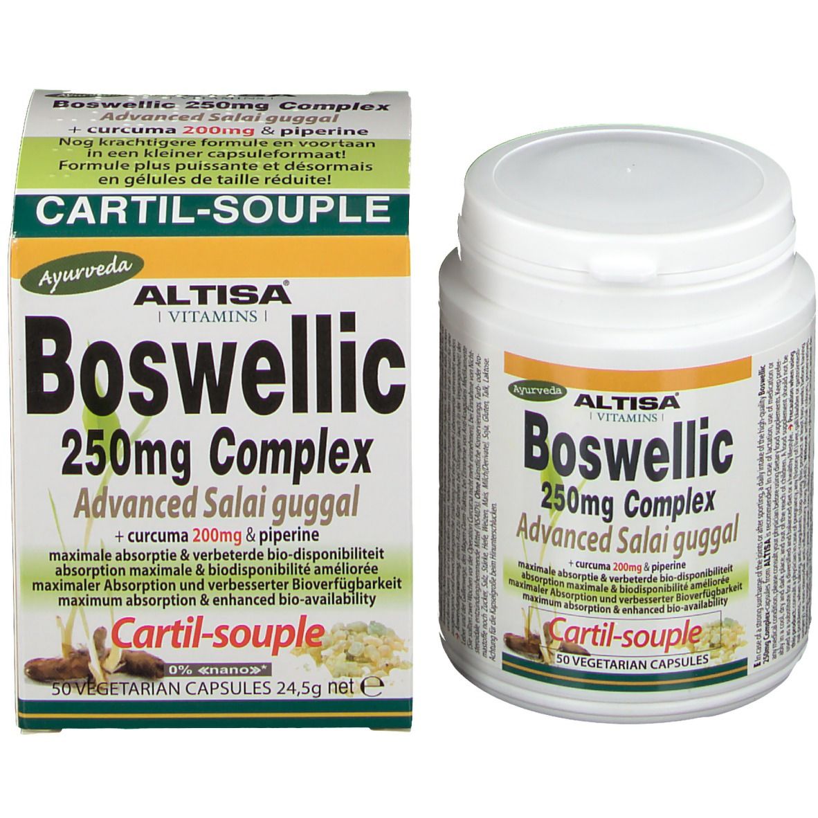 Emballage et flacon Altisa Boswellic 250mg Complex. Inscription: 50 gélules végétales. Logo Ayurveda.