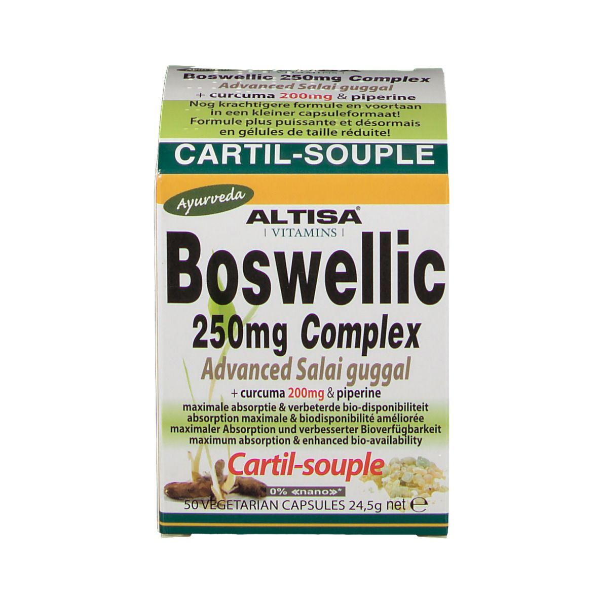 Boîte Altisa Boswellic 250mg Complex. Inscription: 50 gélules végétales, 24,5g net. Logo Ayurveda.