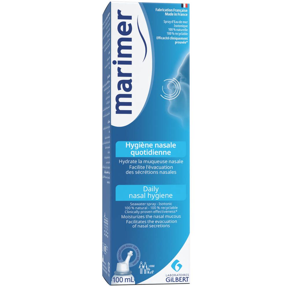 Emballage du produit avec flacon de spray nasal. Marque : Marimer. Texte : Hygiène nasale quotidienne. 100ml.