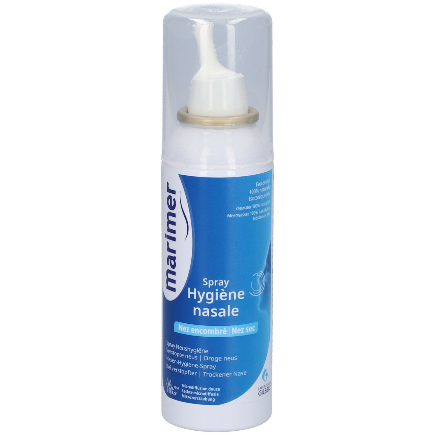 Flacon de spray nasal blanc avec embout blanc et étiquette bleue. Marque : Marimer. Texte : Hygiène nasale.