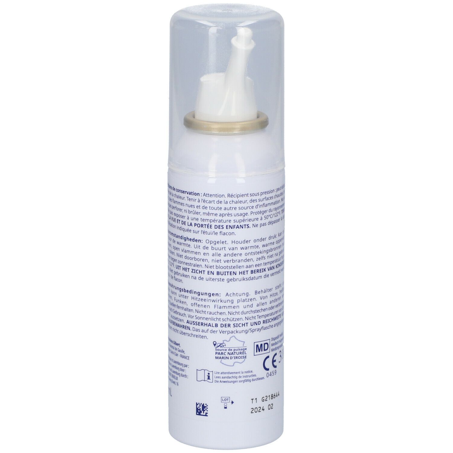 Flacon de spray nasal blanc avec embout blanc et étiquette bleue. Marque : Marimer. Texte : Hygiène nasale.