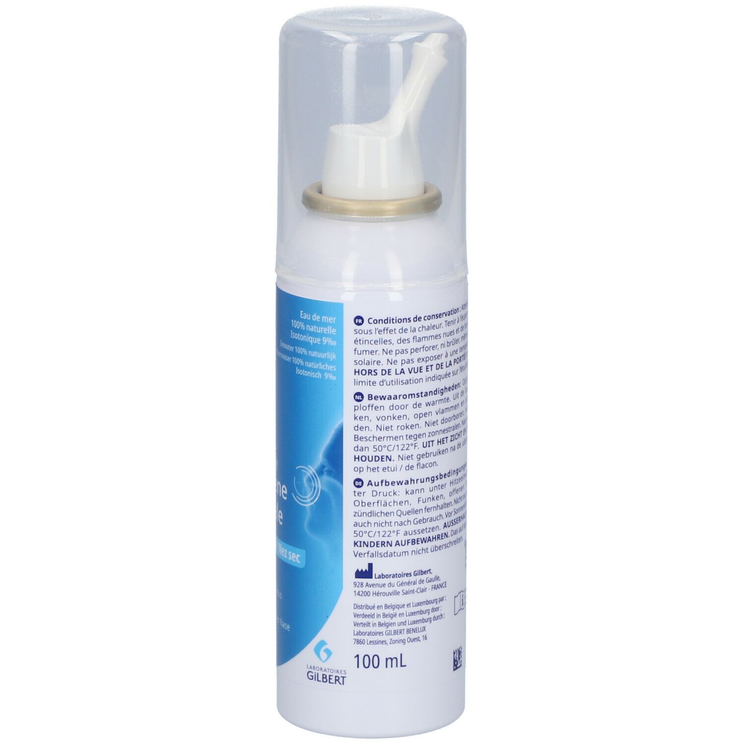Flacon de spray nasal blanc avec embout blanc et étiquette bleue. Marque : Marimer. Texte : Hygiène nasale.
