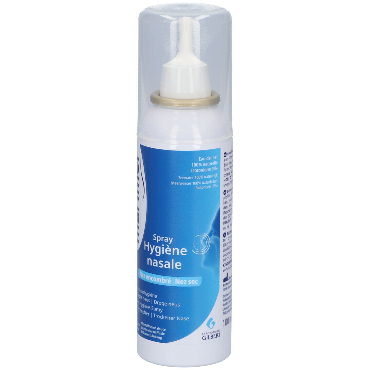Flacon de spray nasal blanc avec embout blanc et étiquette bleue. Marque : Marimer. Texte : Hygiène nasale.