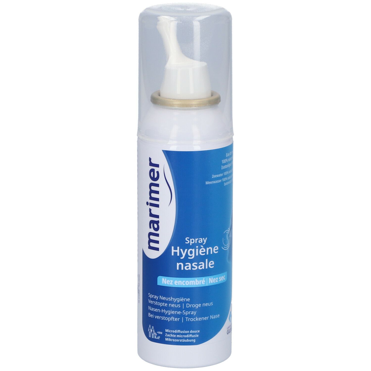 Flacon de spray nasal blanc avec embout blanc et étiquette bleue. Marque : Marimer. Texte : Hygiène nasale.