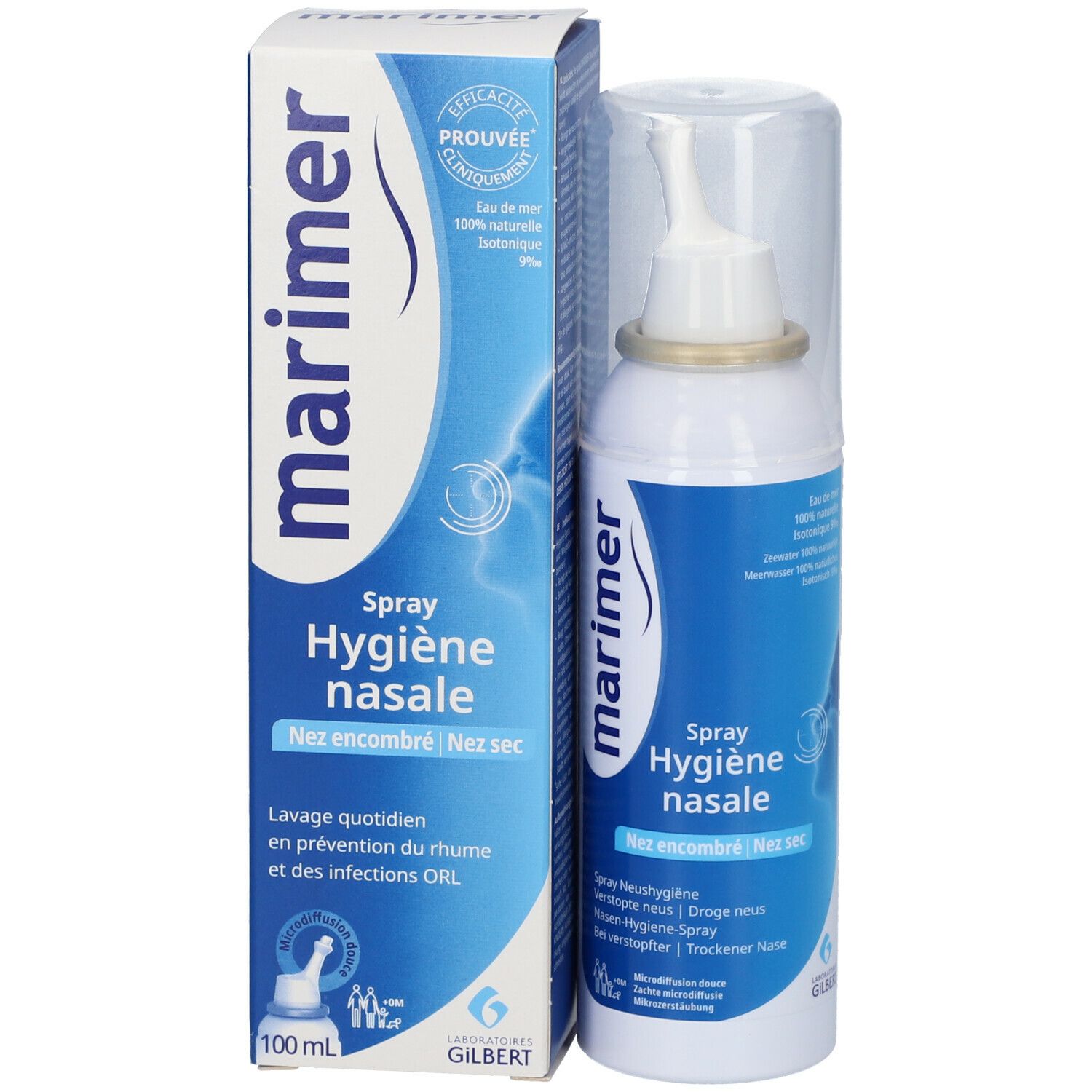Emballage du produit avec flacon de spray nasal. Marque : Marimer. Texte : Hygiène nasale. Avec une boîte.
