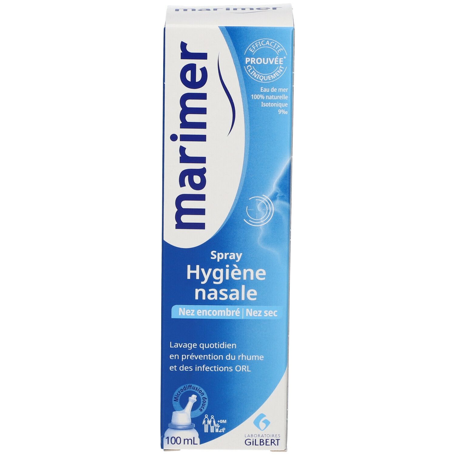 Emballage du produit avec flacon de spray nasal. Marque : Marimer. Texte : Hygiène nasale. Avec une boîte.