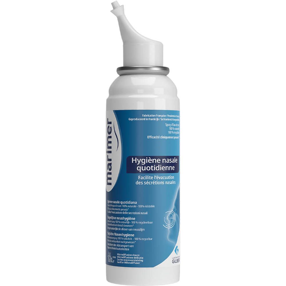 Flacon de spray nasal blanc avec embout blanc et étiquette bleue. Marque : Marimer. Texte : Hygiène nasale quotidienne.