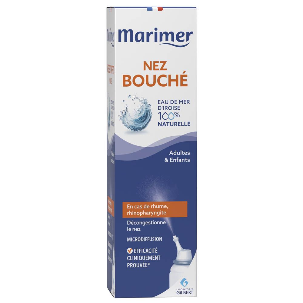 Emballage du spray nasal. Inscription: marimer, Nez bouché, Eau de mer, 100% naturelle.