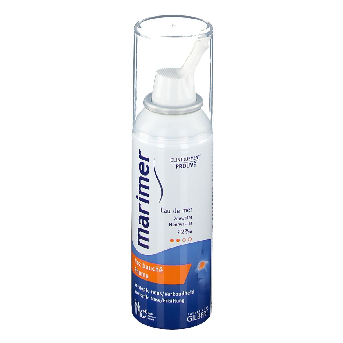 Spray nasal blanc avec capuchon. Inscription: marimer, Eau de mer, Nez bouché, 22‰.