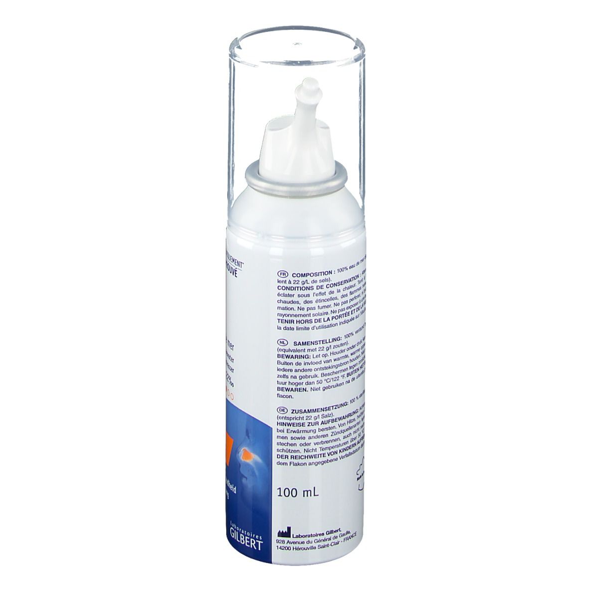 Dos du spray nasal blanc. Informations textuelles, ingrédients, instructions d'utilisation. 100 ml.