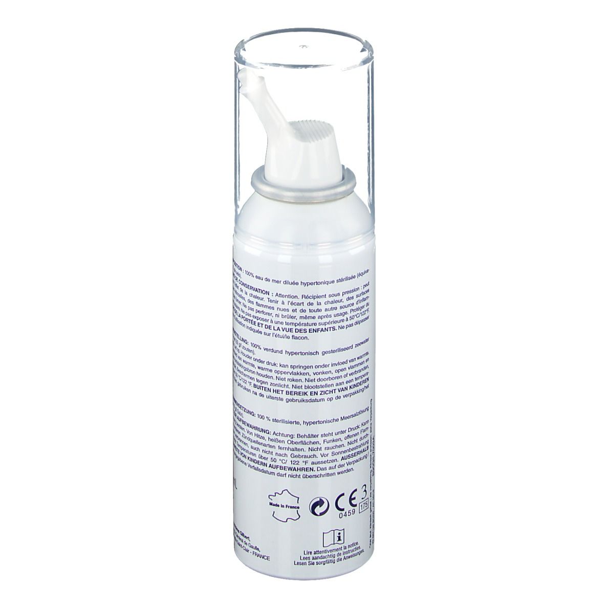 Dos du spray nasal blanc. Informations textuelles, ingrédients, instructions d'utilisation. Fabriqué en France.