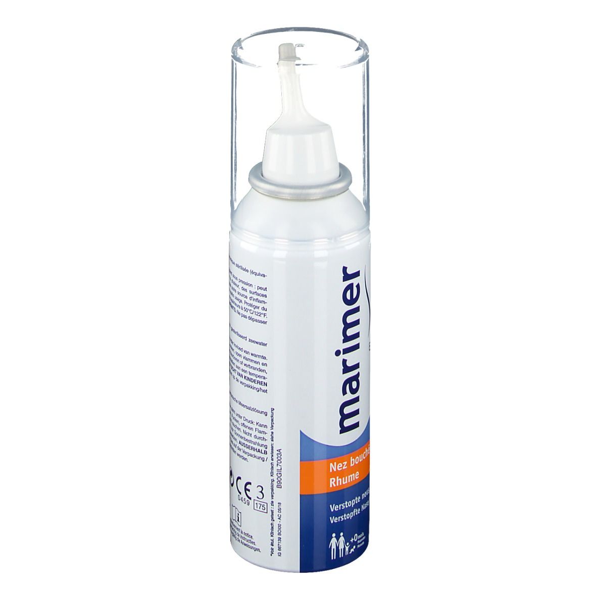 Spray nasal blanc avec capuchon. Inscription: marimer, Nez bouché, Rhume, Nez bouché.