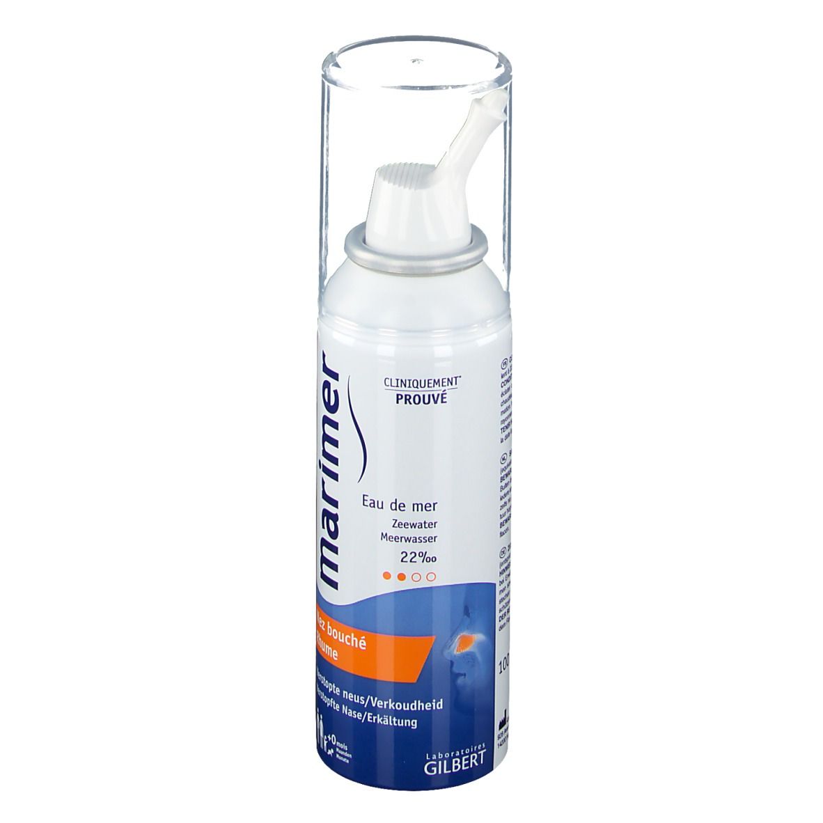 Spray nasal blanc avec capuchon. Inscription: marimer, Eau de mer, Nez bouché, 22‰.