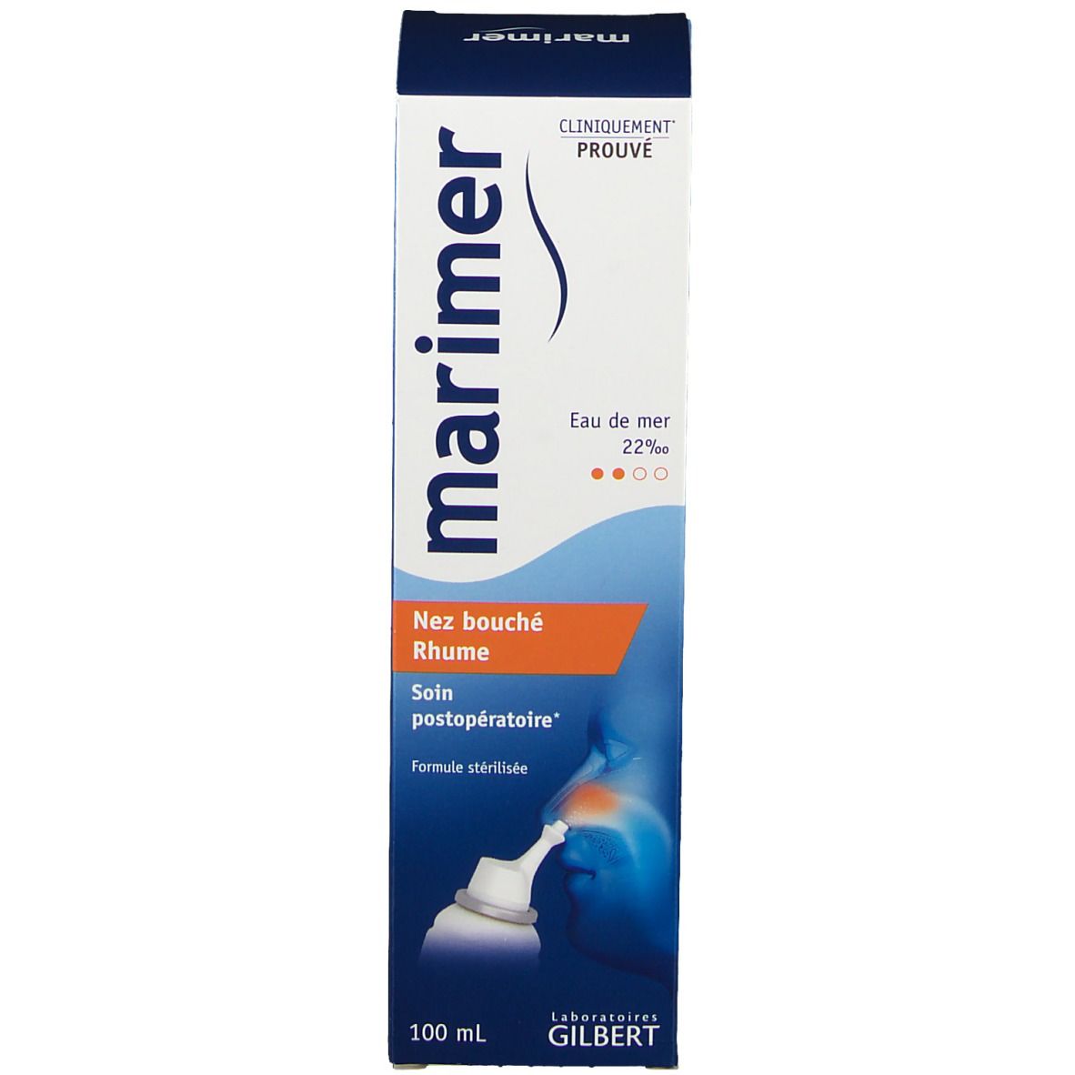 Emballage du spray nasal. Inscription: marimer, Nez bouché, Rhume, 100 ml.