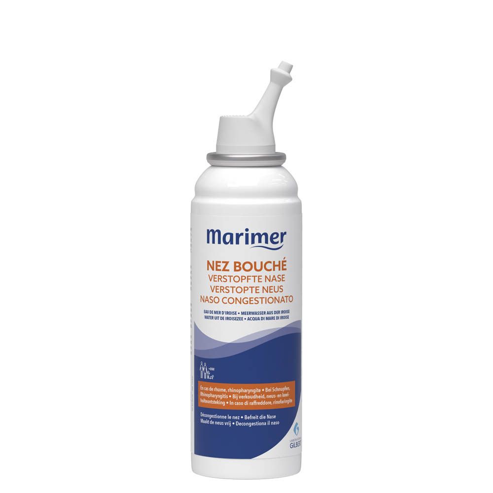 Spray nasal avec texte. Inscription: marimer, Nez bouché, Verstopfte Nase, Naso Congestionato.