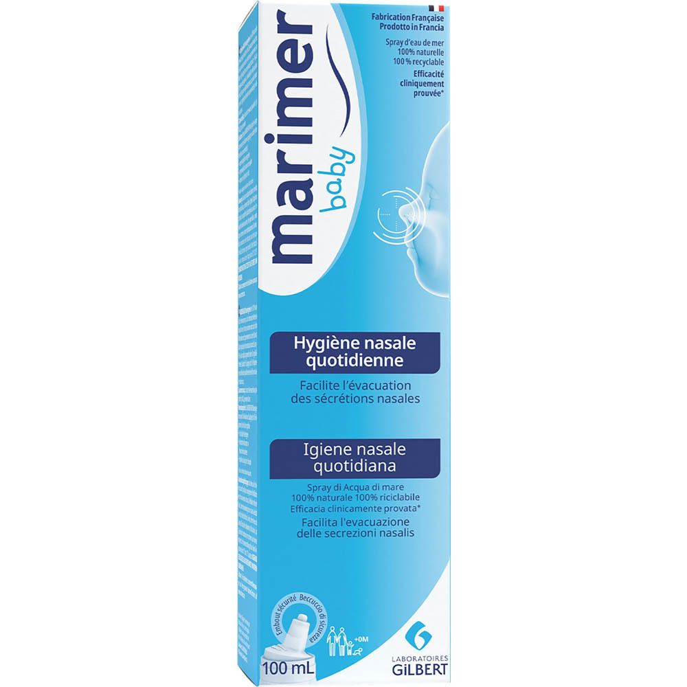 Emballage du produit, blanc avec logo bleu et informations. 100 ml.