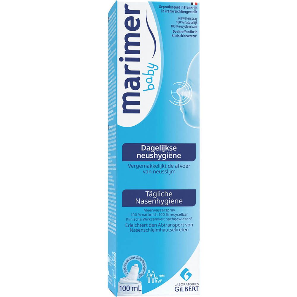 Productverpakking, wit met blauw logo en informatie. 100 ml.