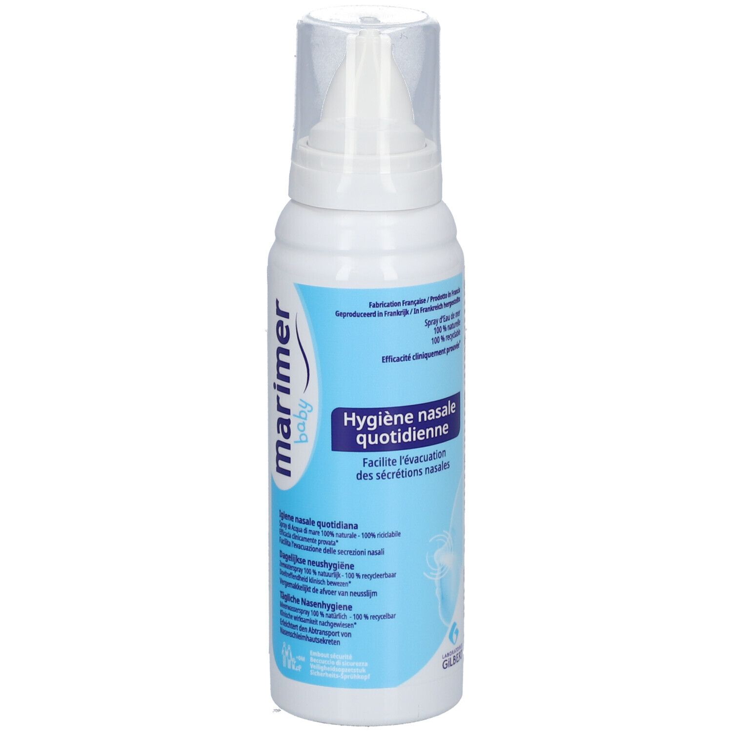 Flacon de spray nasal blanc avec embout. Étiquettes bleues avec informations et logo du produit.