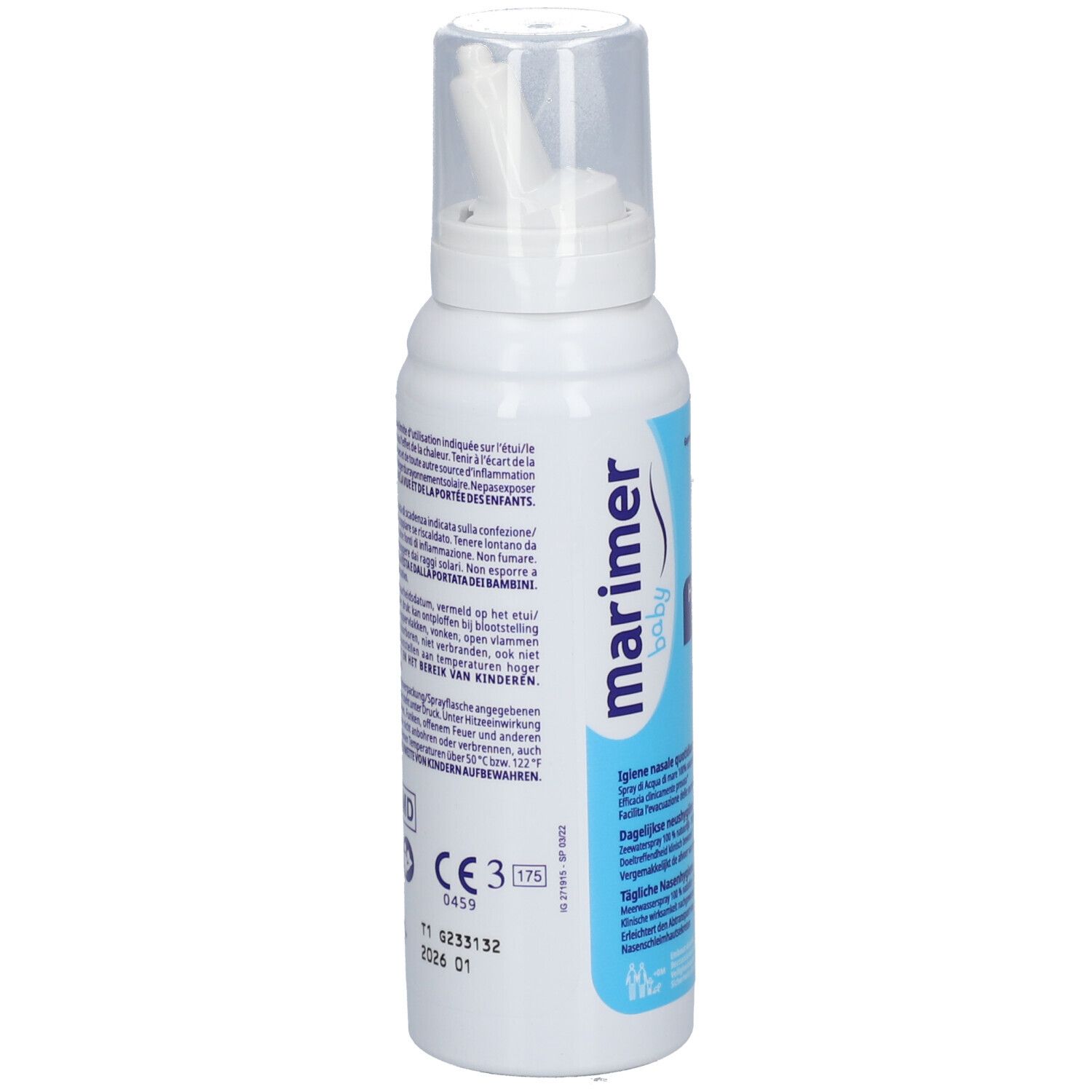 Dos du flacon de spray nasal. Texte multilingue. Marquage CE.