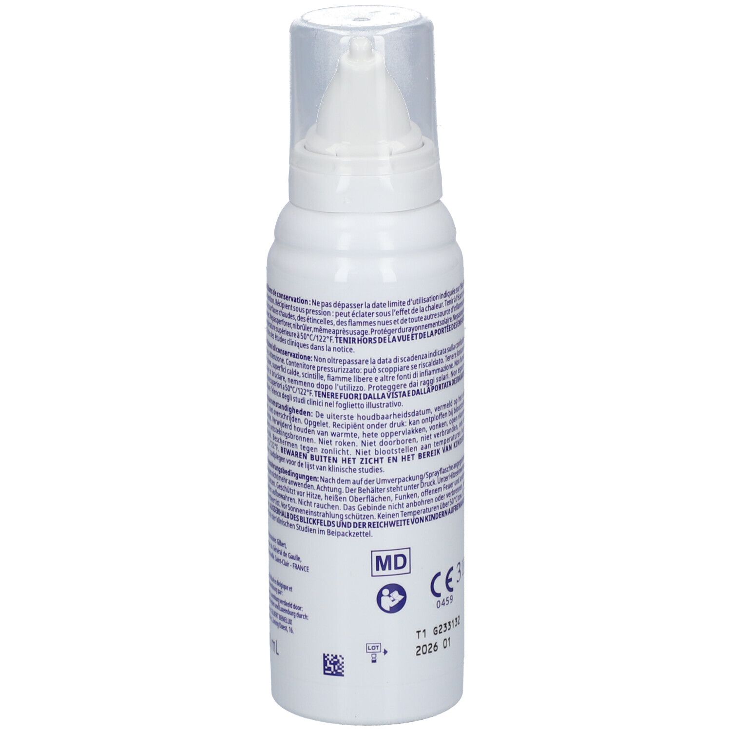 Dos du flacon de spray nasal. Texte multilingue. Marquage CE.