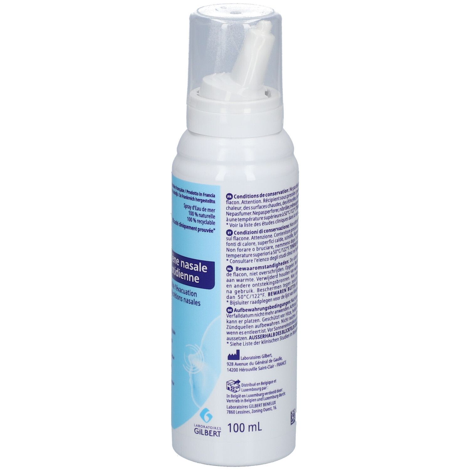 Dos du flacon de spray nasal. Texte multilingue. Marquage CE. 100 ml.