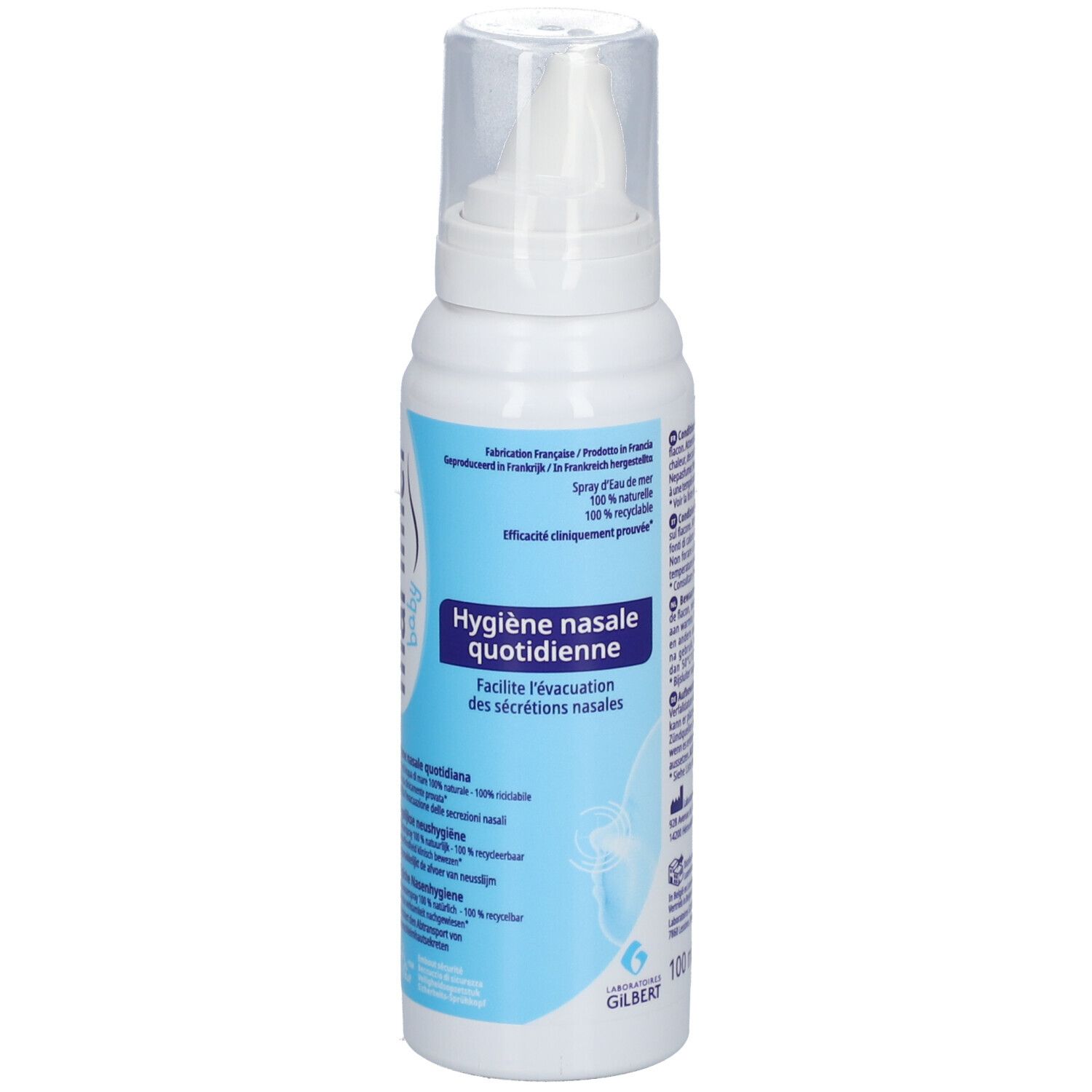 Flacon de spray nasal blanc avec embout. Étiquettes bleues avec informations et logo du produit.