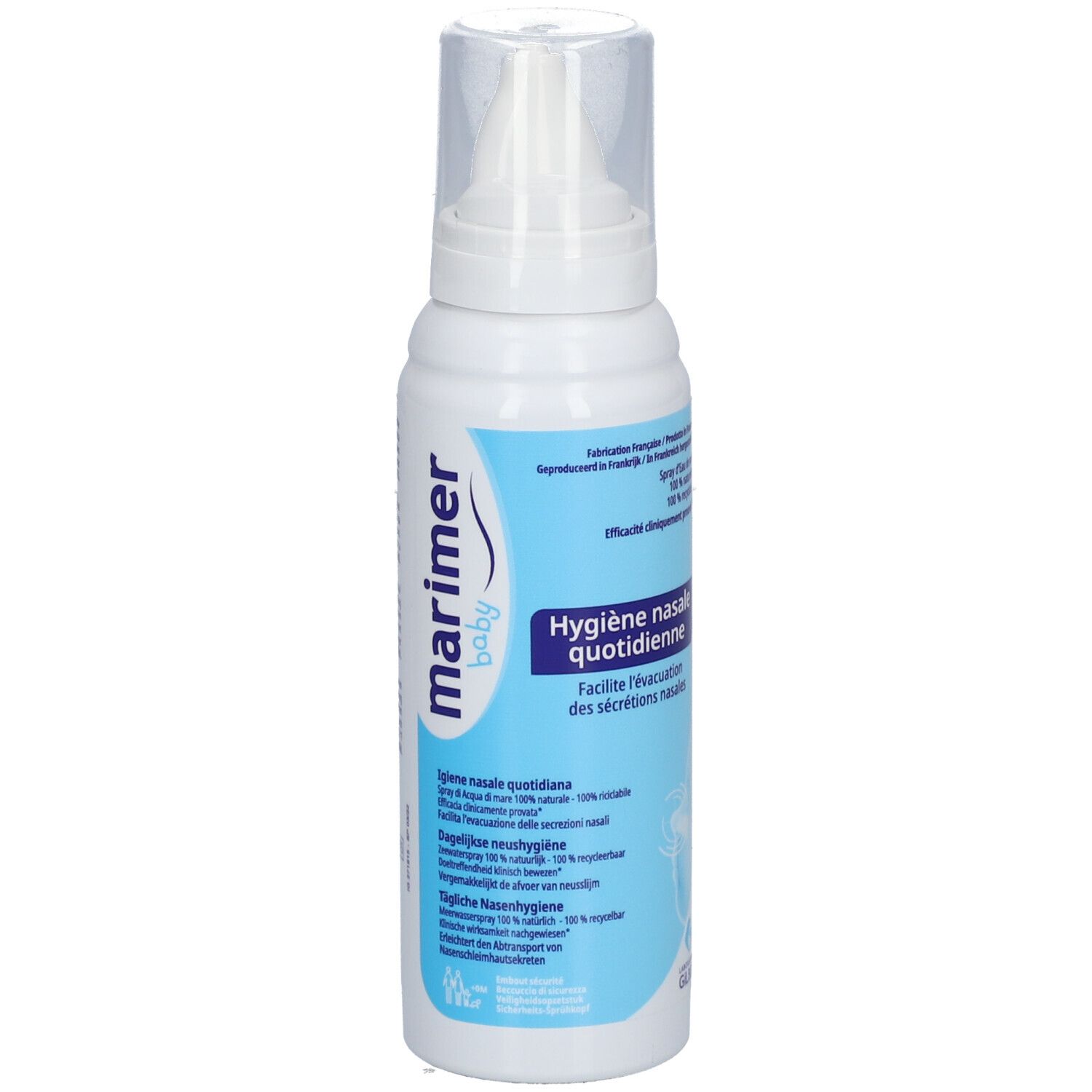 Flacon de spray nasal blanc avec embout. Étiquettes bleues avec informations et logo du produit.