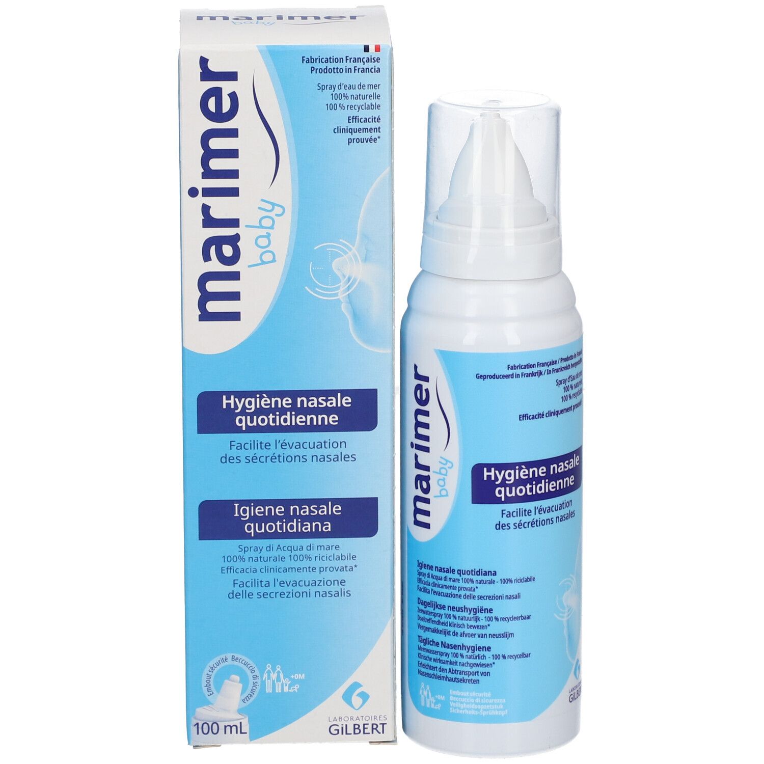Emballage et flacon. Emballage : blanc avec logo bleu et informations. Flacon : blanc avec embout.