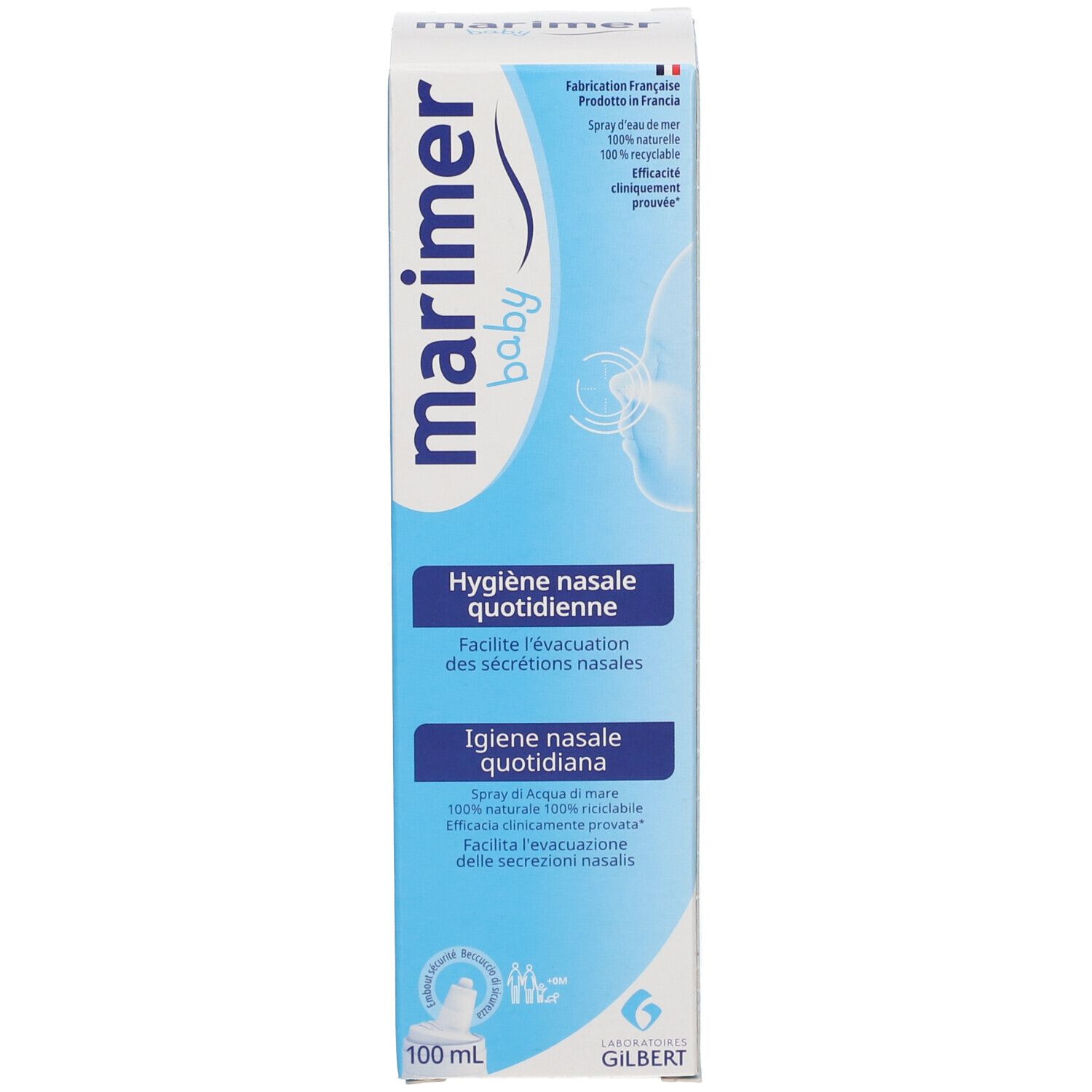Emballage du produit, blanc avec logo bleu et informations. 100 ml.