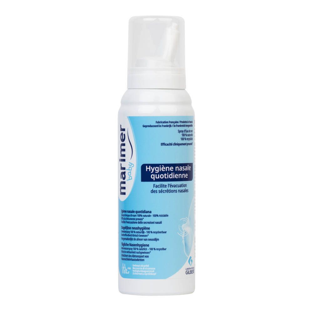 Flacon de spray nasal blanc avec embout. Étiquettes bleues avec informations et logo du produit.