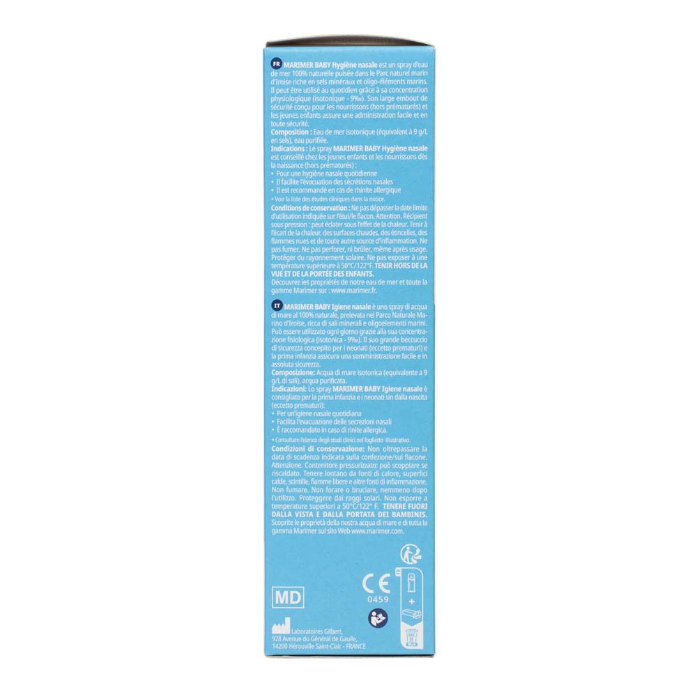 Flacon de spray nasal blanc avec embout. Étiquettes bleues avec informations et logo du produit.