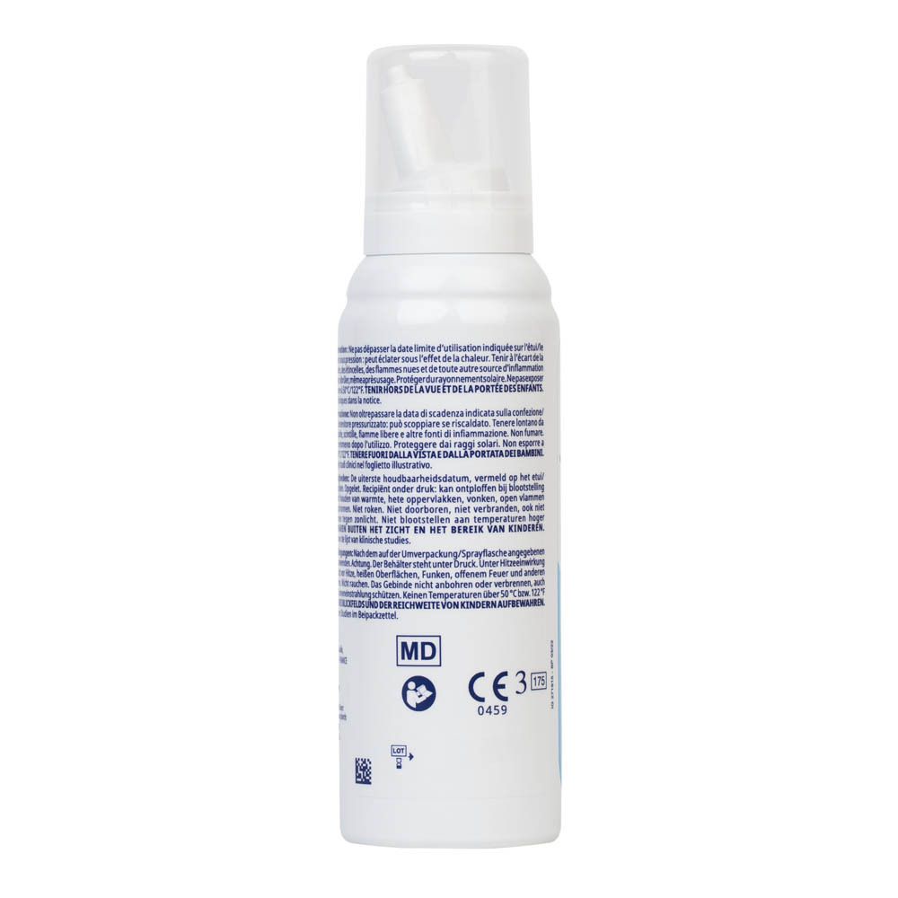 Flacon de spray nasal blanc avec embout. Étiquettes bleues avec informations et logo du produit. 100 ml.
