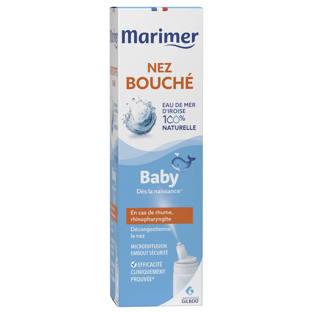 Spray nasal Marimer Baby. Flacon blanc avec étiquette bleue. Contient du texte en français.
