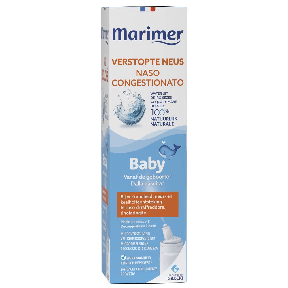 Marimer Baby neusspray. Witte fles met blauw etiket. Bevat tekst in het Frans.