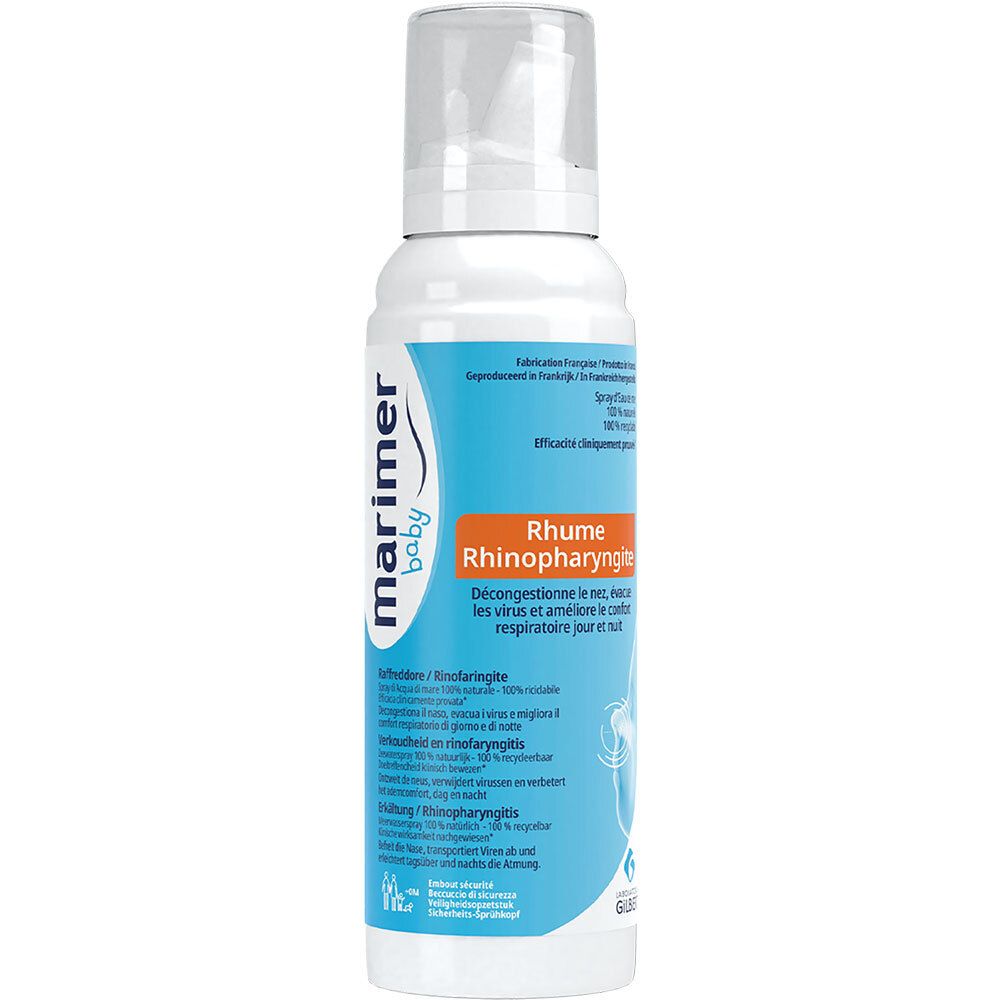 Spray nasal Marimer Baby. Flacon blanc avec étiquette bleue. Contient du texte en français, allemand, italien et néerlandais.