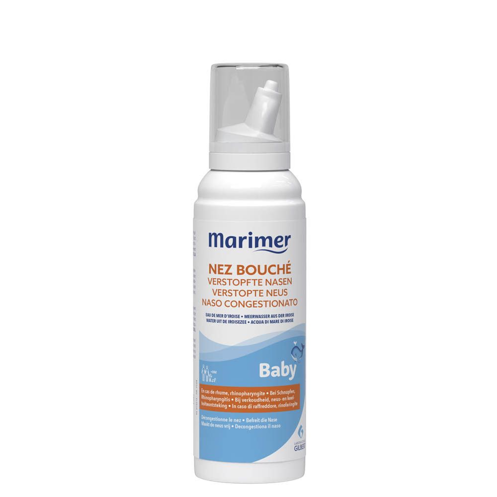Spray nasal Marimer Baby en boîte. Boîte bleue avec texte blanc. Contient du texte en français.