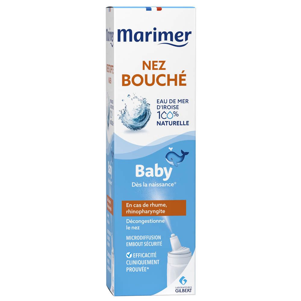 Marimer Baby neusspray in doos. Blauwe doos met witte tekst. Bevat tekst in het Frans.