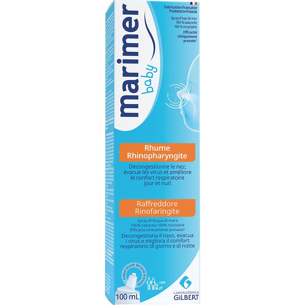 Spray nasal Marimer Baby en boîte. Boîte bleue avec texte blanc. Contient du texte en français, allemand, italien et néerlandais.