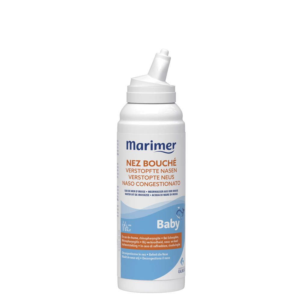 Spray nasal Marimer Baby. Flacon blanc avec étiquette bleue. Contient du texte en français.